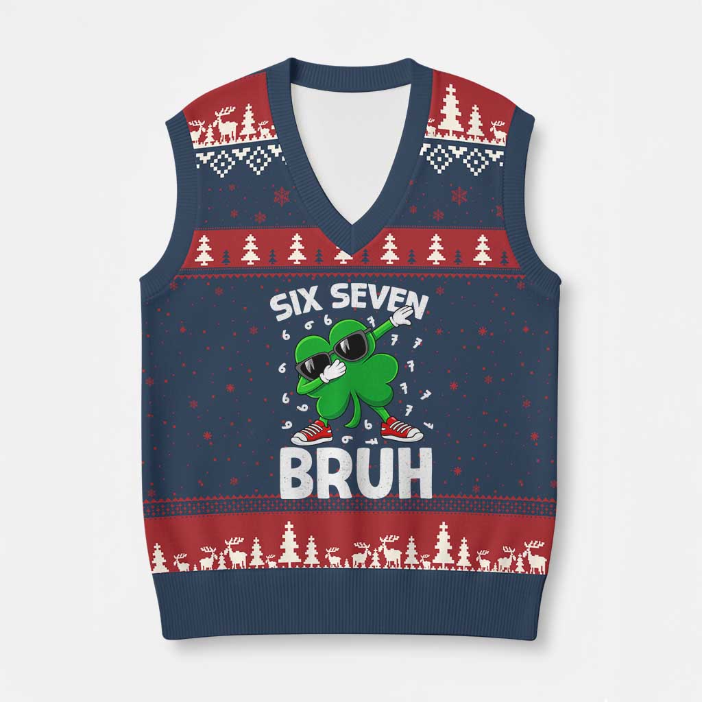 Funny Irish St Patricks Day Shamrock 67 Meme V-Neck Knit Sweater Vest Six Seven Bruh Gen Alpha Slang TS10 Navy Red Print Your Wear