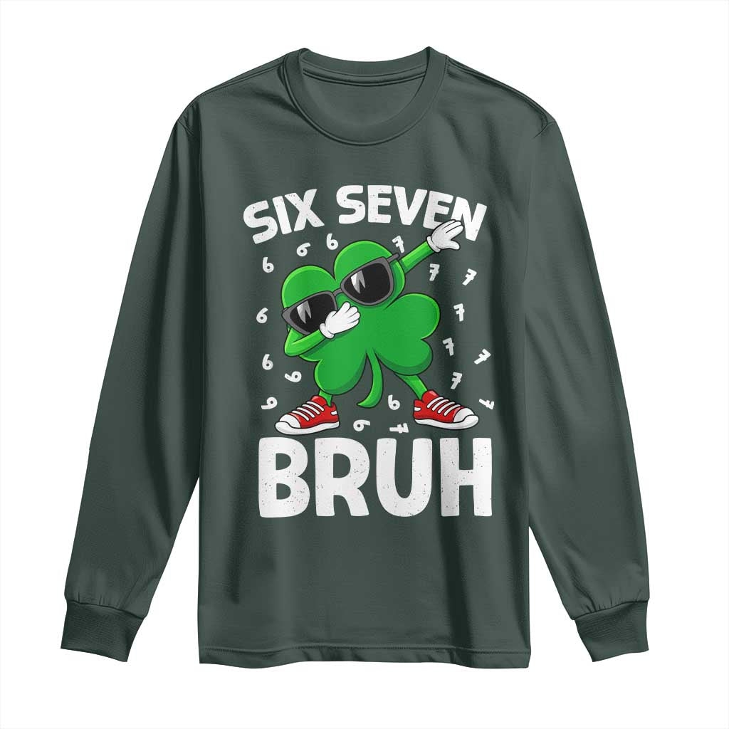 Funny Irish St Patricks Day Shamrock 67 Meme Long Sleeve Shirt Six Seven Bruh Gen Alpha Slang TS10 Dark Forest Green Print Your Wear