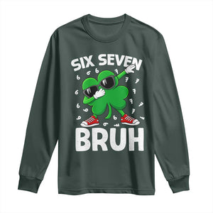 Funny Irish St Patricks Day Shamrock 67 Meme Long Sleeve Shirt Six Seven Bruh Gen Alpha Slang TS10 Dark Forest Green Print Your Wear