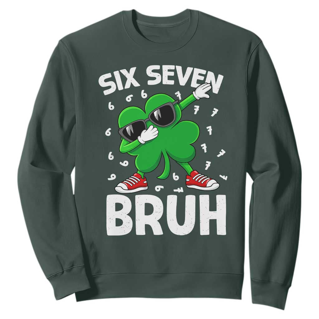 Funny Irish St Patricks Day Shamrock 67 Meme Sweatshirt Six Seven Bruh Gen Alpha Slang TS10 Dark Forest Green Print Your Wear