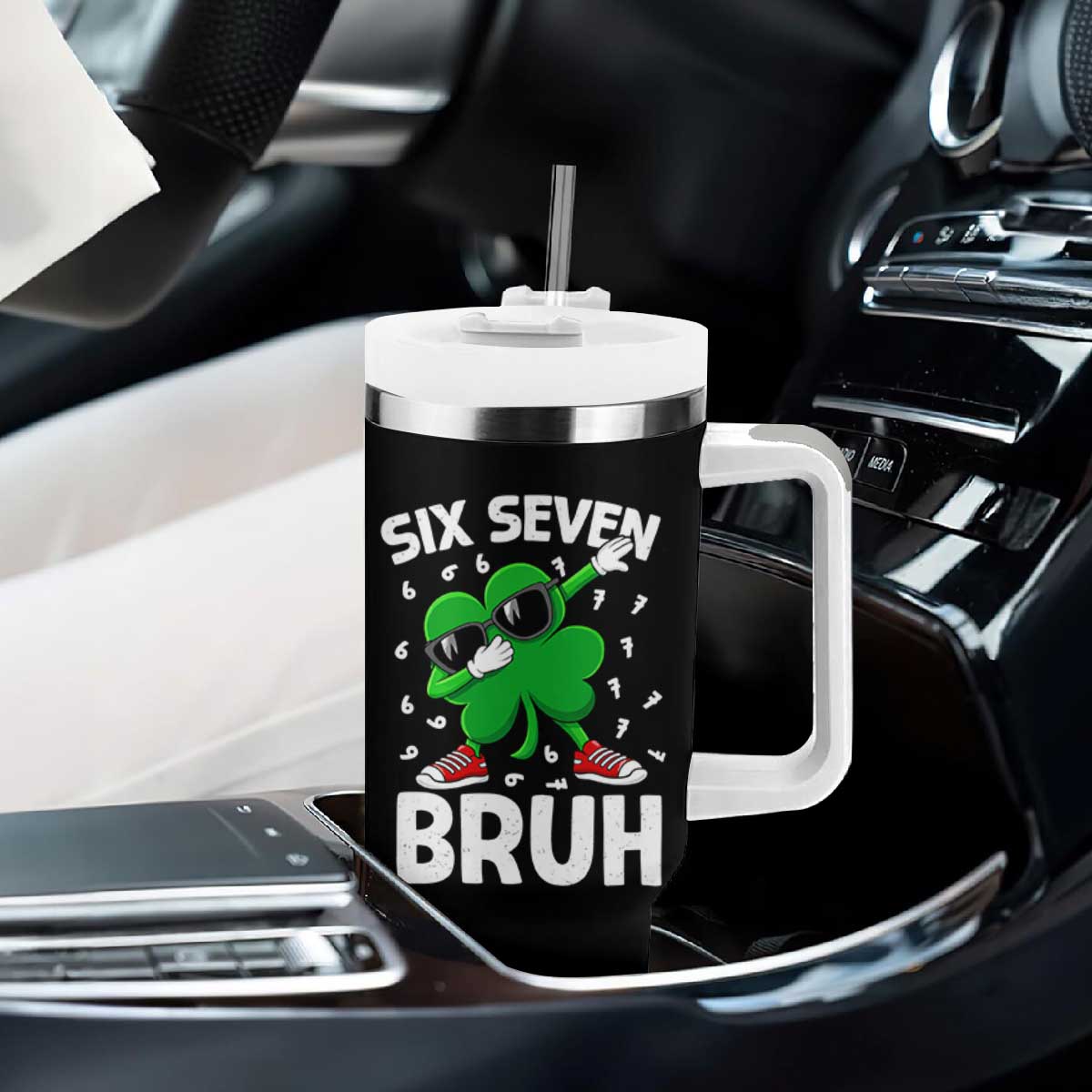 Funny Irish St Patricks Day Shamrock 67 Meme Tumbler With Handle Six Seven Bruh Gen Alpha Slang TS10 Print Your Wear