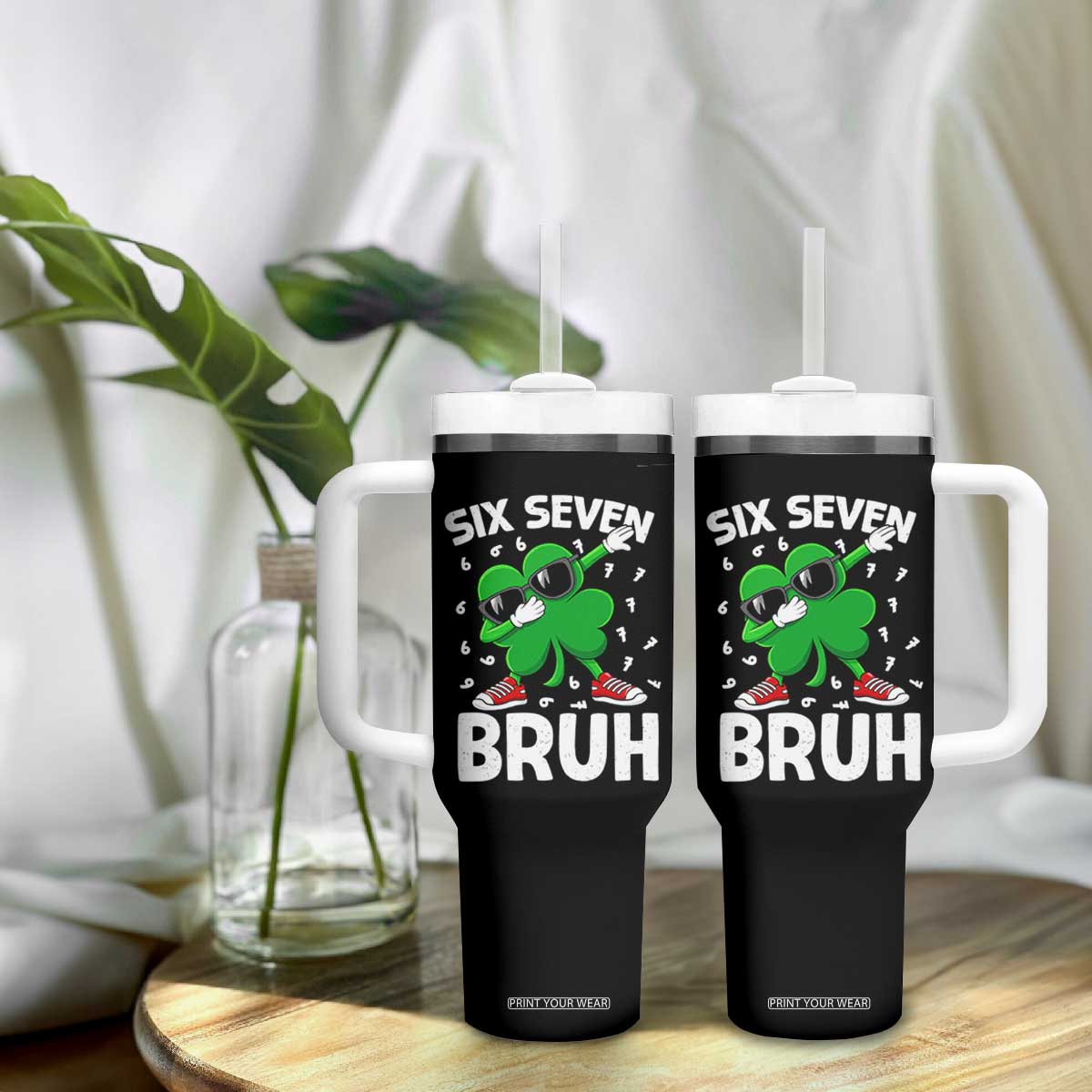 Funny Irish St Patricks Day Shamrock 67 Meme Tumbler With Handle Six Seven Bruh Gen Alpha Slang TS10 Print Your Wear