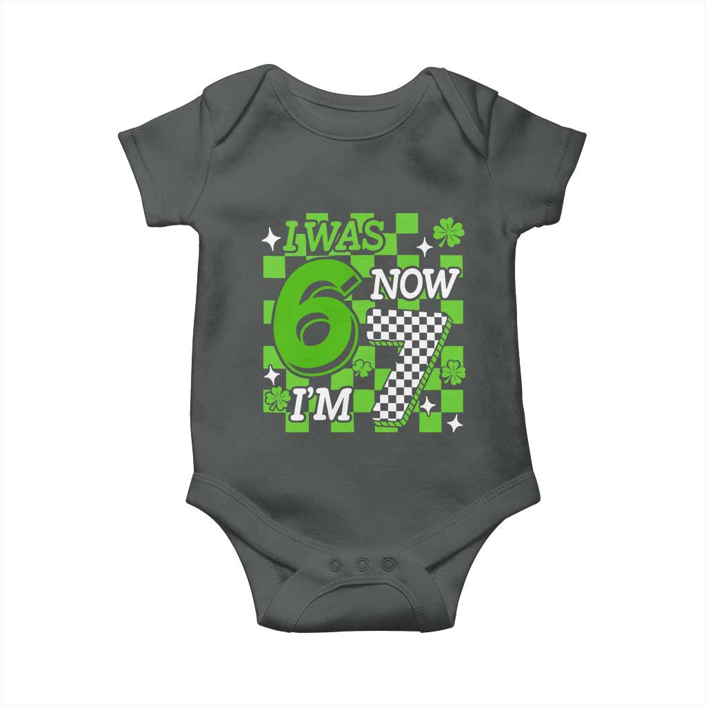 I Was 6 Now I'm 7 Baby Onesie Funny 7th 67 Birthday Meme Lucky Shamrock Checkered TS10 Dark Heather Print Your Wear