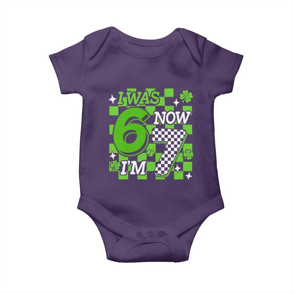 I Was 6 Now I'm 7 Baby Onesie Funny 7th 67 Birthday Meme Lucky Shamrock Checkered TS10 Purple Print Your Wear