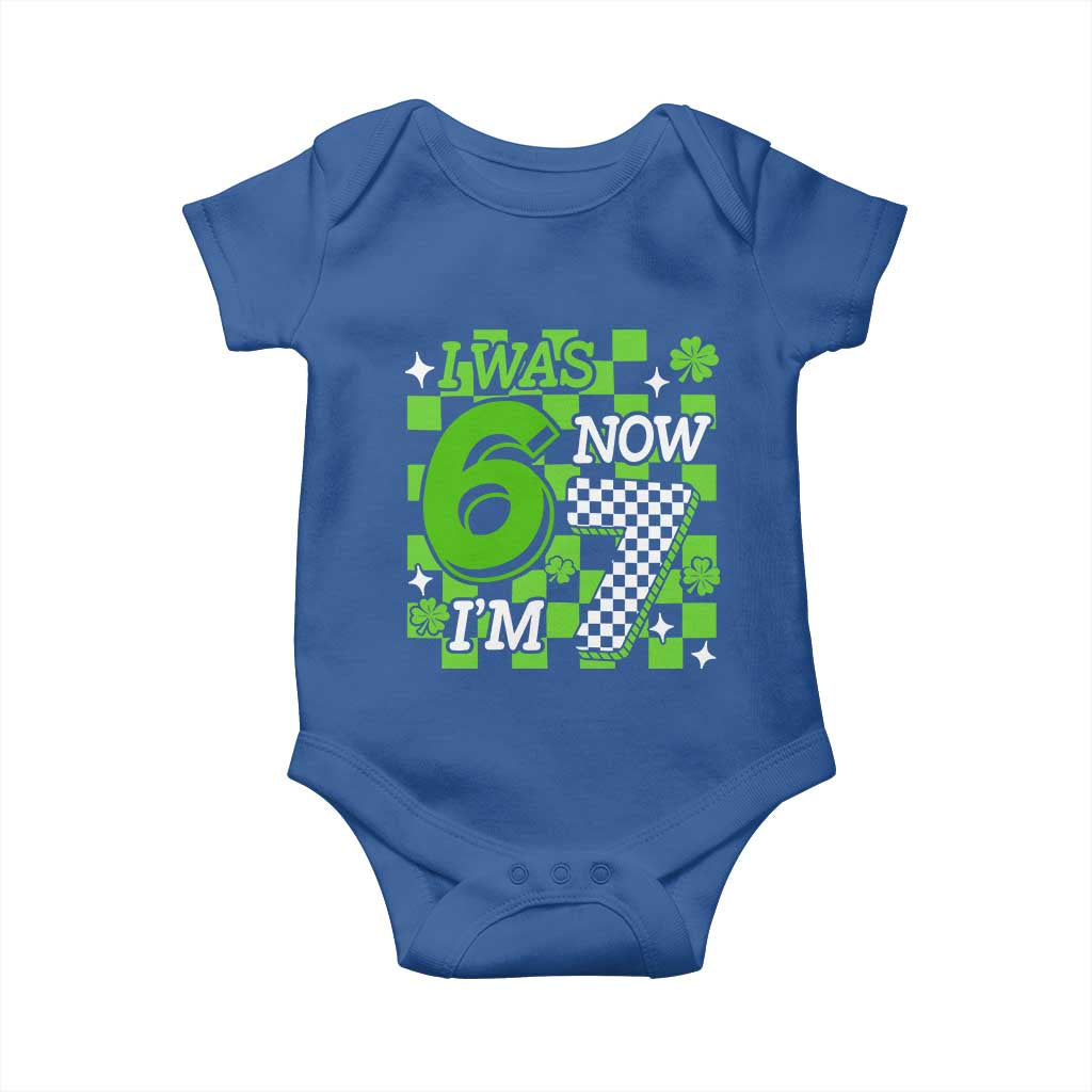 I Was 6 Now I'm 7 Baby Onesie Funny 7th 67 Birthday Meme Lucky Shamrock Checkered TS10 Royal Blue Print Your Wear