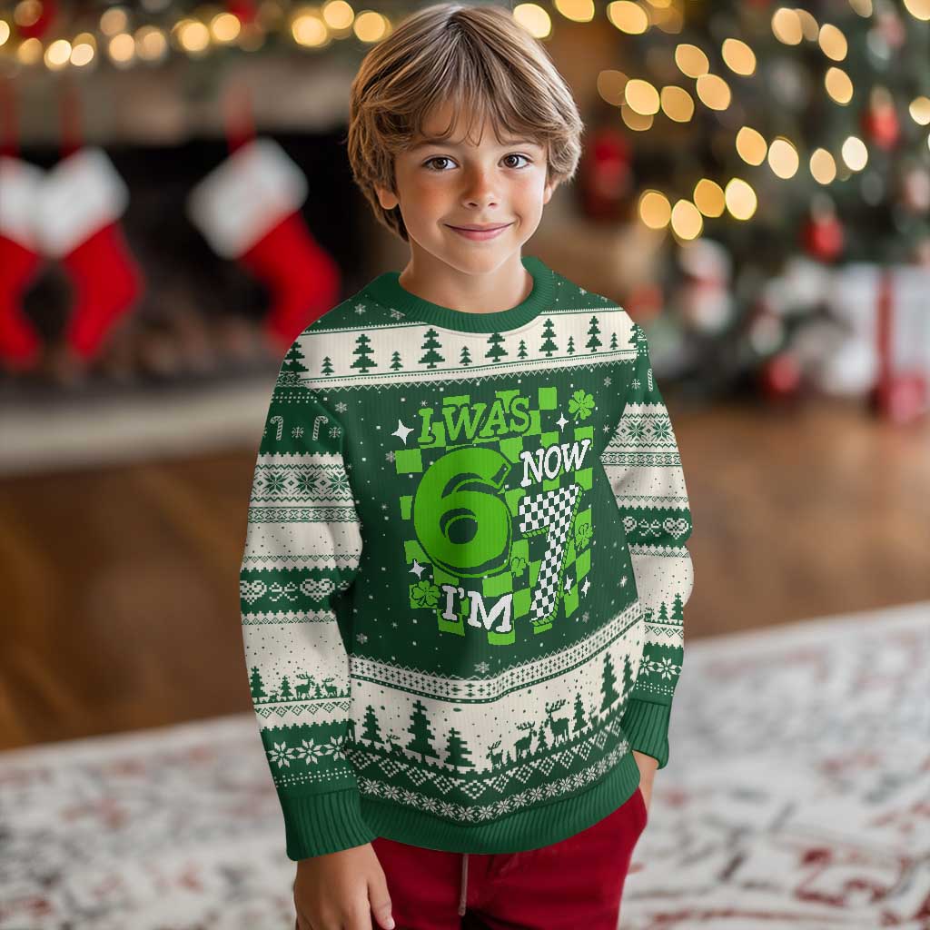 I Was 6 Now I'm 7 Ugly Christmas Sweater Funny 7th 67 Birthday Meme Lucky Shamrock Checkered TS10 Forest Green Beige Print Your Wear