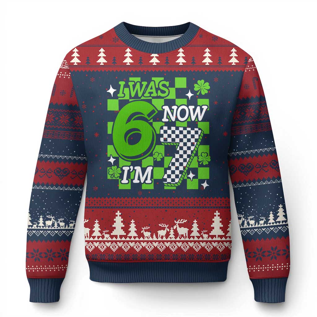 I Was 6 Now I'm 7 Ugly Christmas Sweater Funny 7th 67 Birthday Meme Lucky Shamrock Checkered TS10 Navy Red Print Your Wear