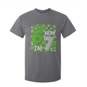 I Was 6 Now I'm 7 T Shirt For Kid Funny 7th 67 Birthday Meme Lucky Shamrock Checkered TS10 Charcoal Print Your Wear