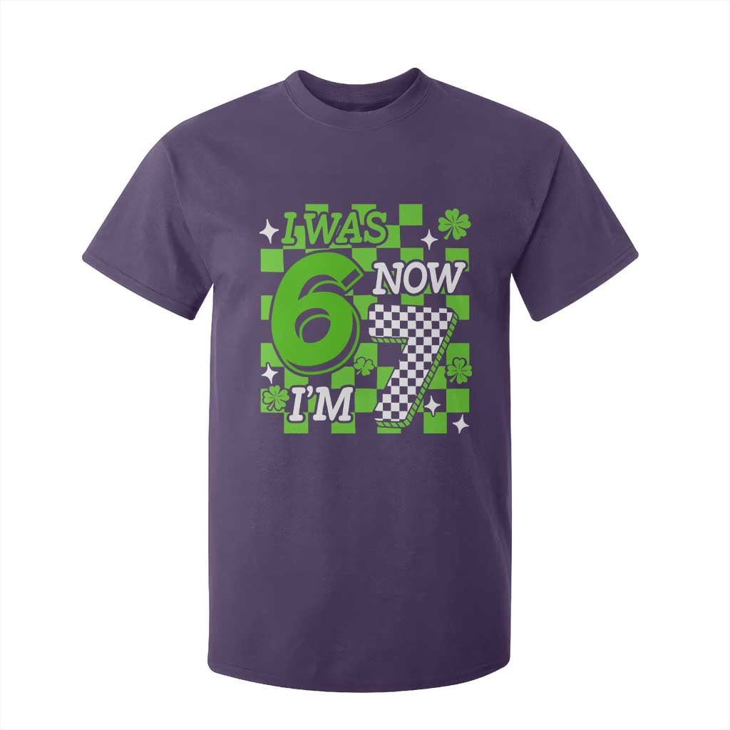 I Was 6 Now I'm 7 T Shirt For Kid Funny 7th 67 Birthday Meme Lucky Shamrock Checkered TS10 Purple Print Your Wear
