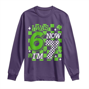 I Was 6 Now I'm 7 Long Sleeve Shirt Funny 7th 67 Birthday Meme Lucky Shamrock Checkered TS10 Purple Print Your Wear
