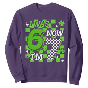 I Was 6 Now I'm 7 Sweatshirt Funny 7th 67 Birthday Meme Lucky Shamrock Checkered TS10 Purple Print Your Wear