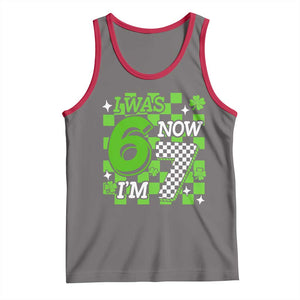 I Was 6 Now I'm 7 Tank Top Funny 7th 67 Birthday Meme Lucky Shamrock Checkered TS10 Deep Heather Red Print Your Wear