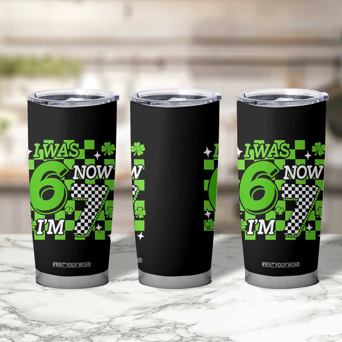 I Was 6 Now I'm 7 Tumbler Cup Funny 7th 67 Birthday Meme Lucky Shamrock Checkered TS10 Print Your Wear