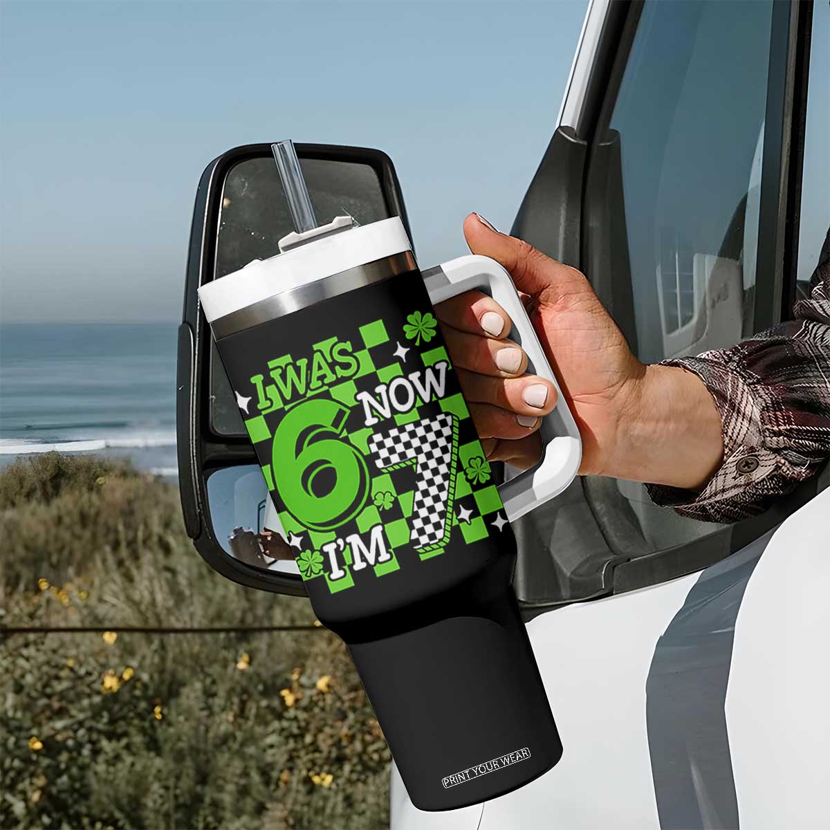 I Was 6 Now I'm 7 Tumbler With Handle Funny 7th 67 Birthday Meme Lucky Shamrock Checkered TS10 Print Your Wear