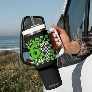 I Was 6 Now I'm 7 Tumbler With Handle Funny 7th 67 Birthday Meme Lucky Shamrock Checkered TS10 Print Your Wear