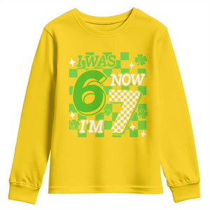 I Was 6 Now I'm 7 Youth Sweatshirt Funny 7th 67 Birthday Meme Lucky Shamrock Checkered TS10 Daisy Print Your Wear
