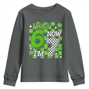 I Was 6 Now I'm 7 Youth Sweatshirt Funny 7th 67 Birthday Meme Lucky Shamrock Checkered TS10 Dark Heather Print Your Wear