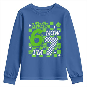 I Was 6 Now I'm 7 Youth Sweatshirt Funny 7th 67 Birthday Meme Lucky Shamrock Checkered TS10 Royal Blue Print Your Wear