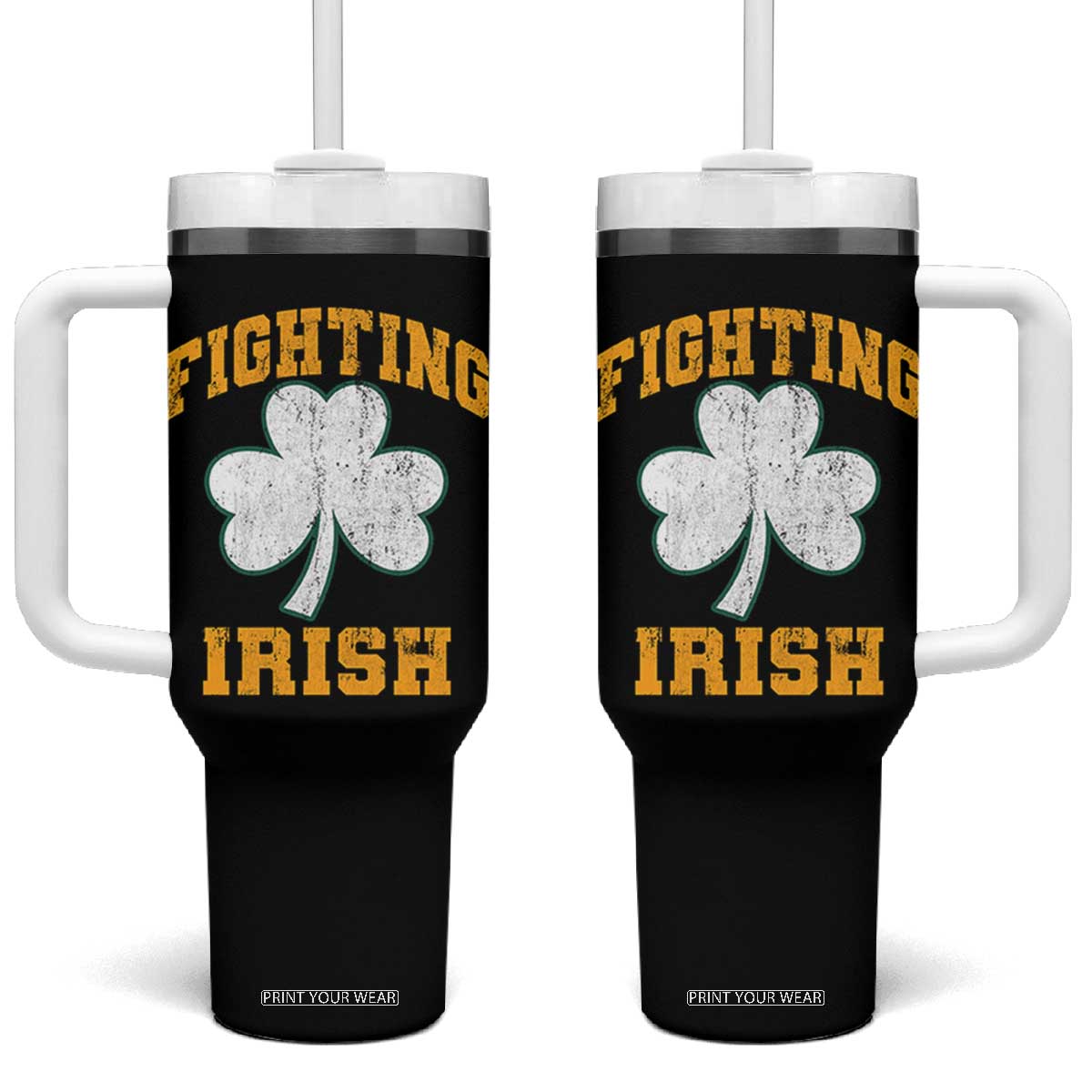 Vintage Fighting Irish Tumbler With Handle Retro History Gold Shamrock TS10 One Size: 40 oz Black Print Your Wear