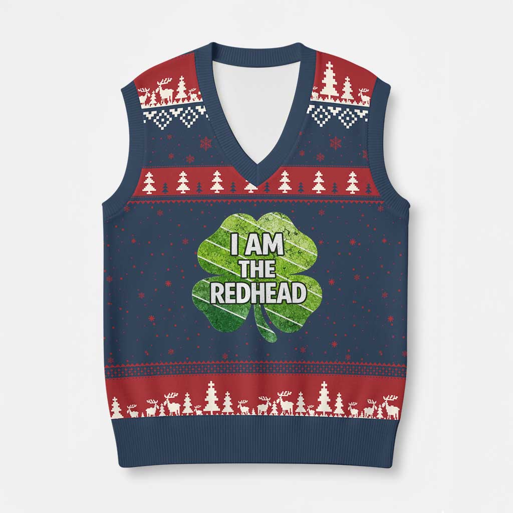 Funny Irish St Patricks Day Im The Redhead V-Neck Knit Sweater Vest Retro Vintage Lucky Shamrock TS10 Navy Red Print Your Wear