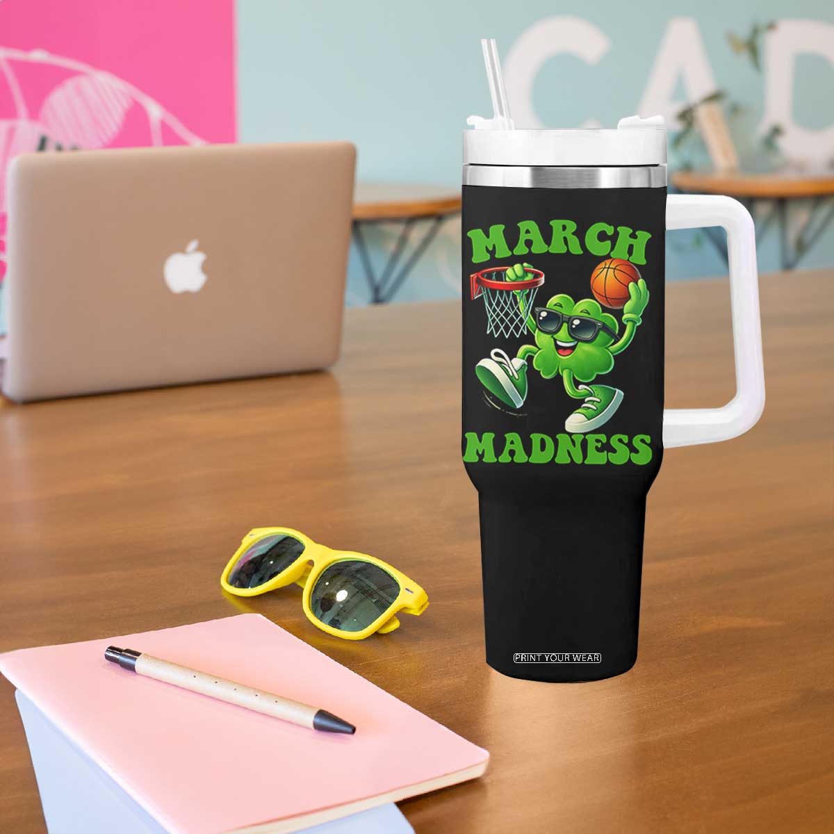Basketball St Patricks Day Tumbler With Handle Mad Madness Irish Shamrock Playing Basketball Player Team Boys TS10 Print Your Wear