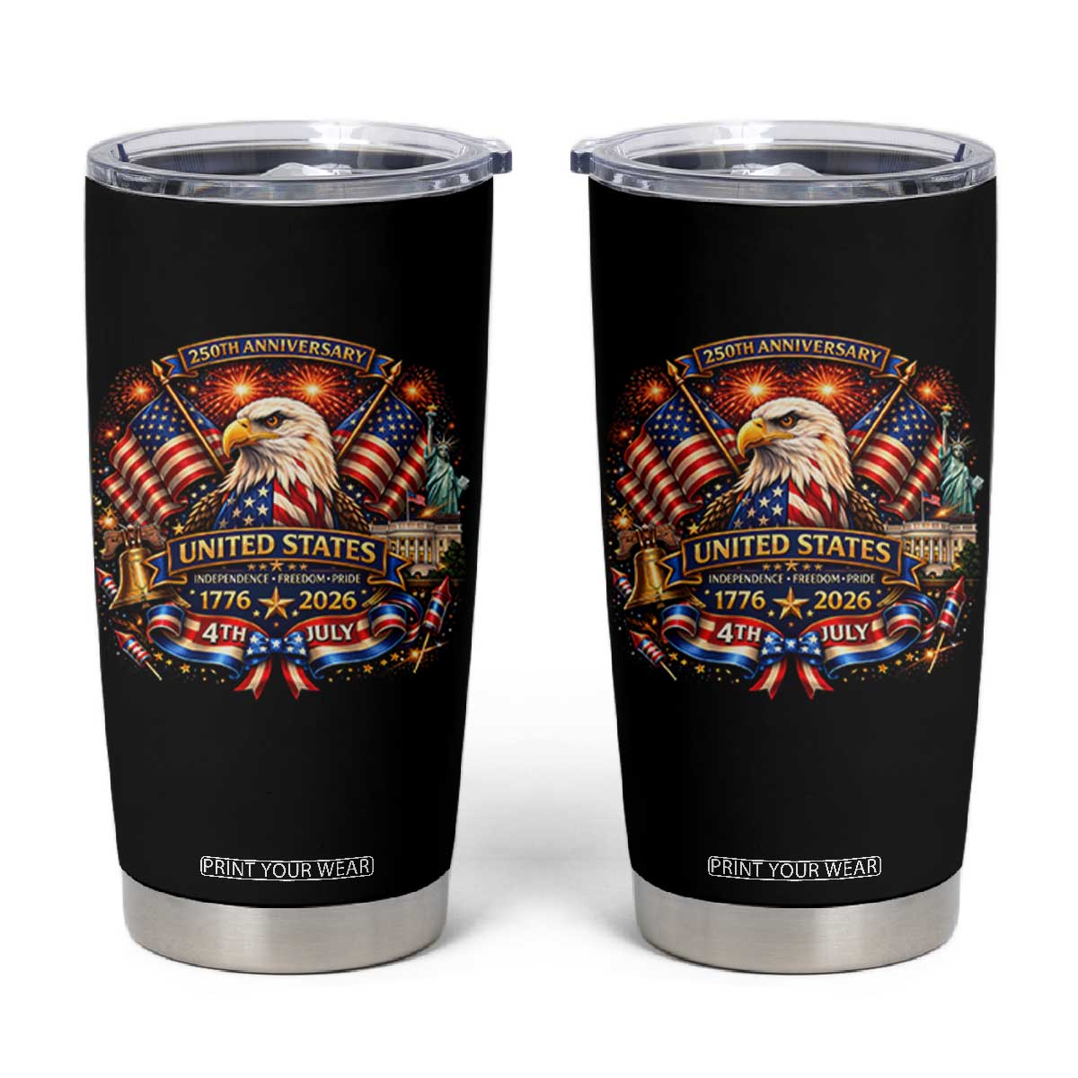 250 Years Of Freedom America Tumbler Cup USA Independence 250th Anniversary 1776 2026 Patriotic Eagle Flag TS10 Black Print Your Wear