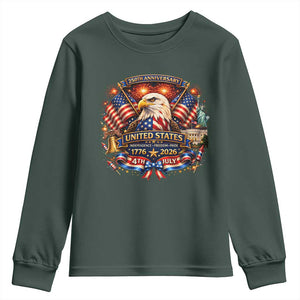 250 Years Of Freedom America Youth Sweatshirt USA Independence 250th Anniversary 1776 2026 Patriotic Eagle Flag TS10 Dark Forest Green Print Your Wear