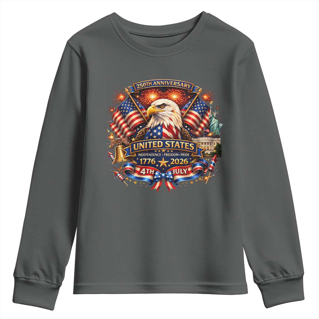 250 Years Of Freedom America Youth Sweatshirt USA Independence 250th Anniversary 1776 2026 Patriotic Eagle Flag TS10 Dark Heather Print Your Wear