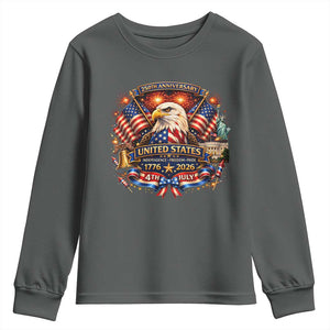 250 Years Of Freedom America Youth Sweatshirt USA Independence 250th Anniversary 1776 2026 Patriotic Eagle Flag TS10 Dark Heather Print Your Wear