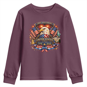 250 Years Of Freedom America Youth Sweatshirt USA Independence 250th Anniversary 1776 2026 Patriotic Eagle Flag TS10 Maroon Print Your Wear