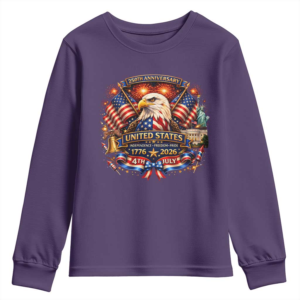 250 Years Of Freedom America Youth Sweatshirt USA Independence 250th Anniversary 1776 2026 Patriotic Eagle Flag TS10 Purple Print Your Wear