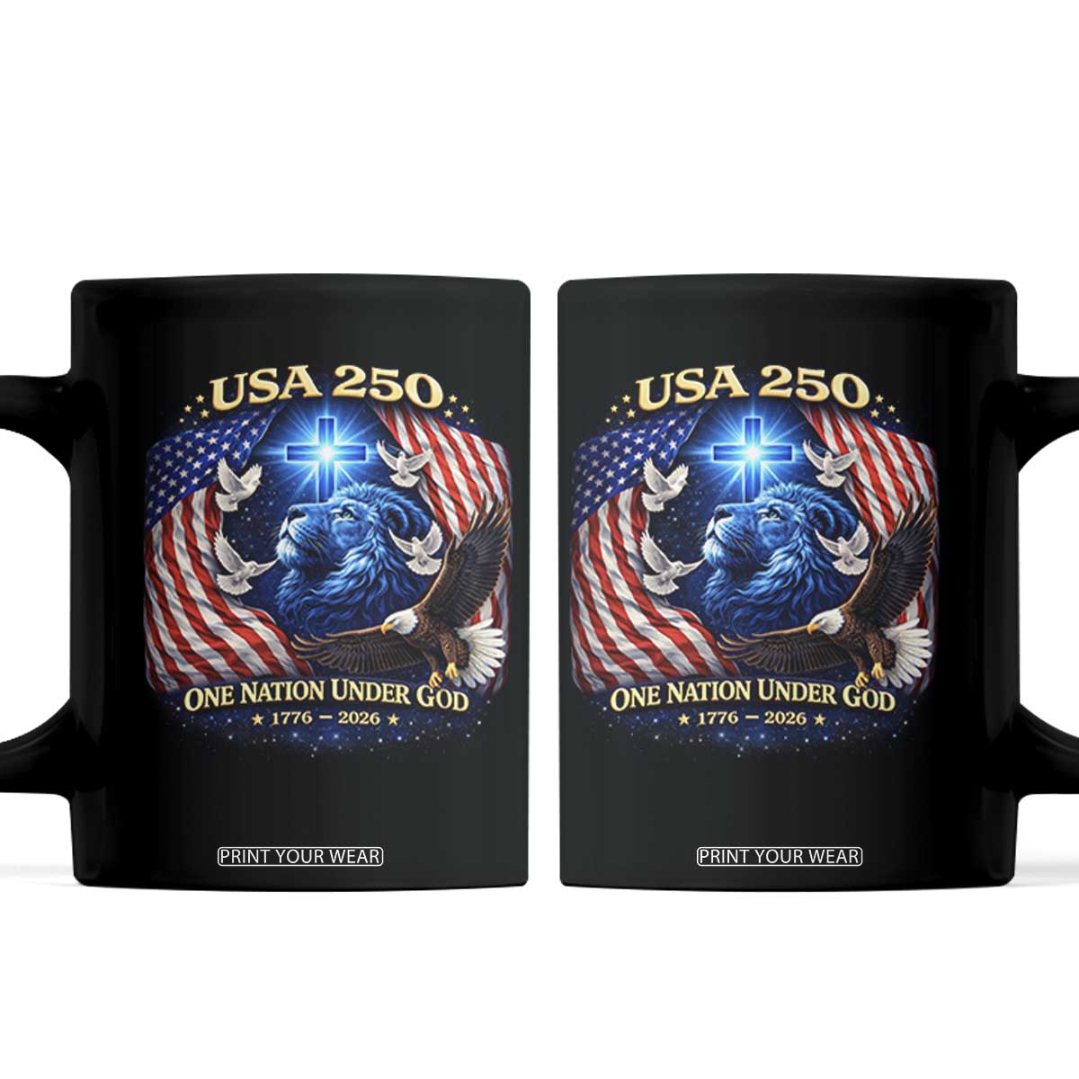 US 250th Anniversary Coffee Mug 250 Years One Nation Under God Christian Patriotic Cross USA Flag TS10 Black Print Your Wear