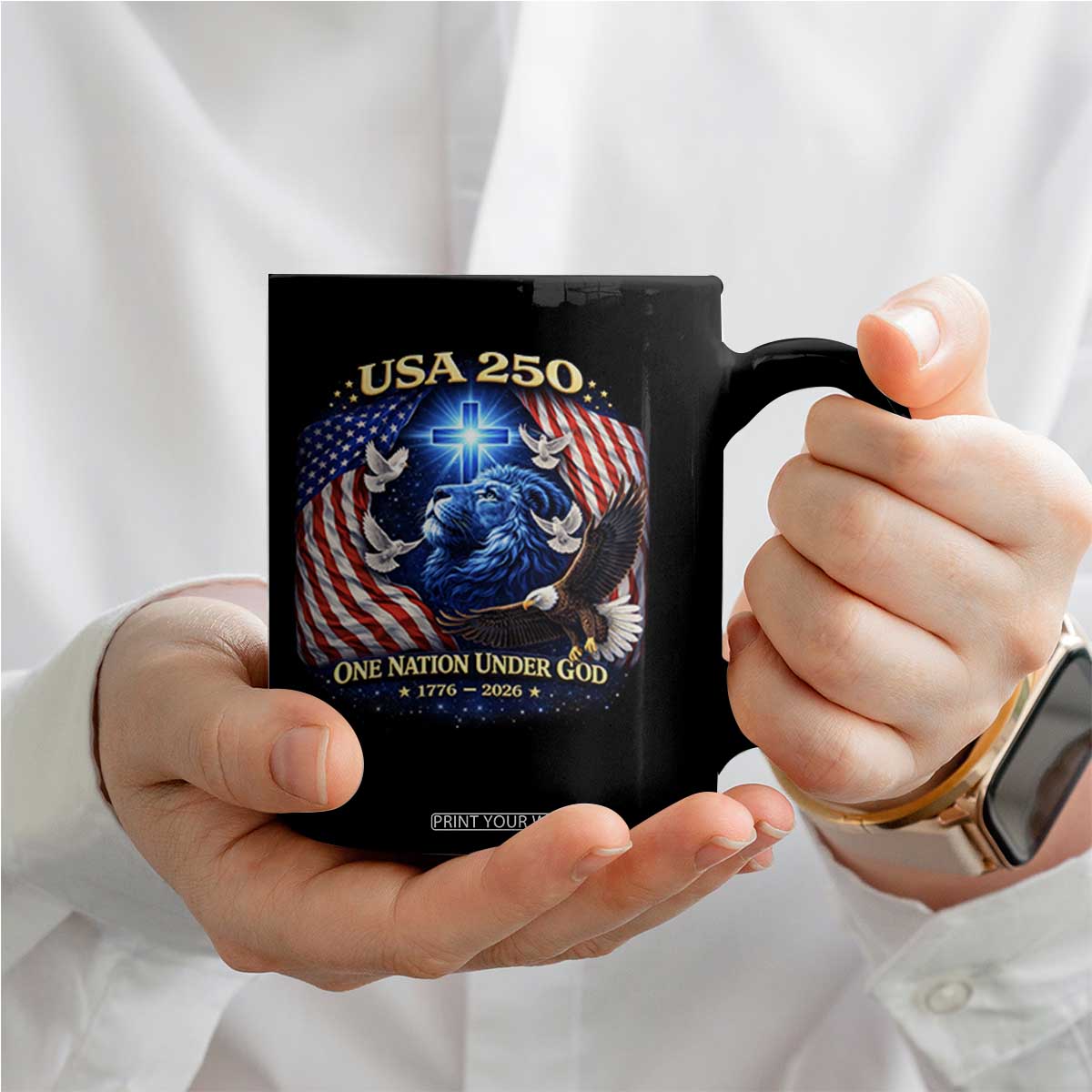US 250th Anniversary Coffee Mug 250 Years One Nation Under God Christian Patriotic Cross USA Flag TS10 Print Your Wear