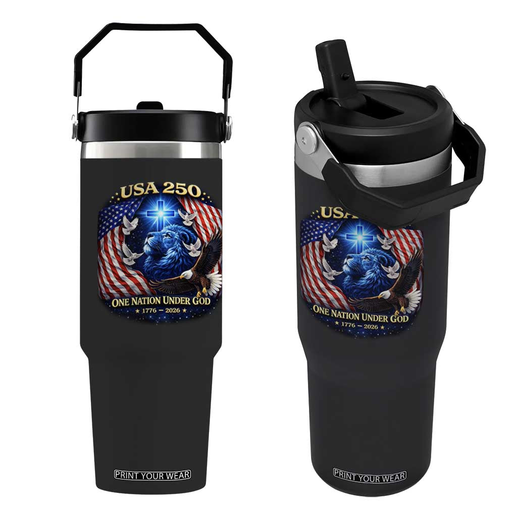 US 250th Anniversary Flip Straw Tumbler 250 Years One Nation Under God Christian Patriotic Cross USA Flag TS10 One Size: 30 oz Black Print Your Wear