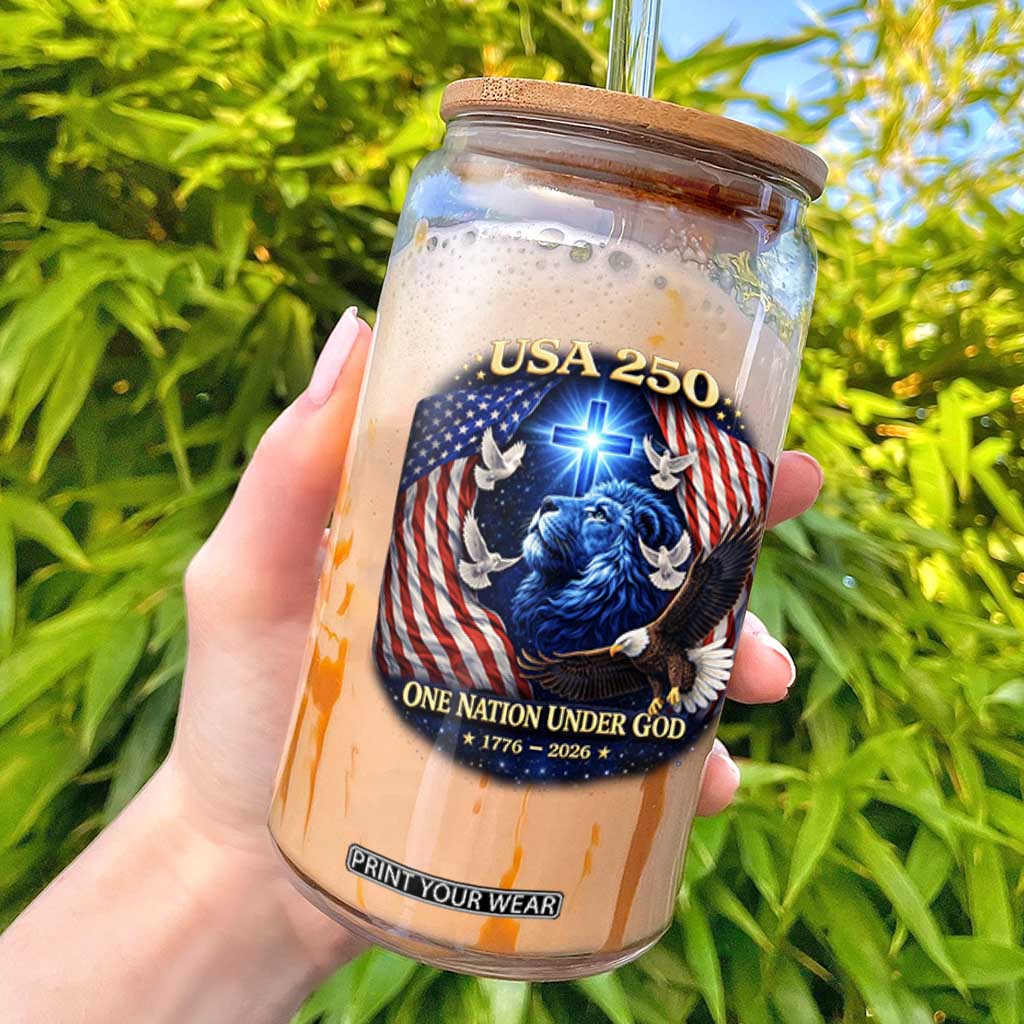 US 250th Anniversary Glass Can 250 Years One Nation Under God Christian Patriotic Cross USA Flag TS10 Black Print Your Wear