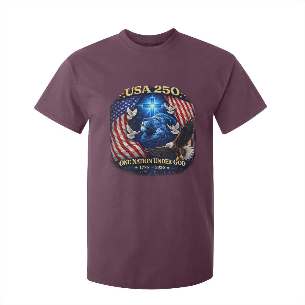 US 250th Anniversary T Shirt For Kid 250 Years One Nation Under God Christian Patriotic Cross USA Flag TS10 Maroon Print Your Wear