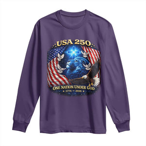 US 250th Anniversary Long Sleeve Shirt 250 Years One Nation Under God Christian Patriotic Cross USA Flag TS10 Purple Print Your Wear