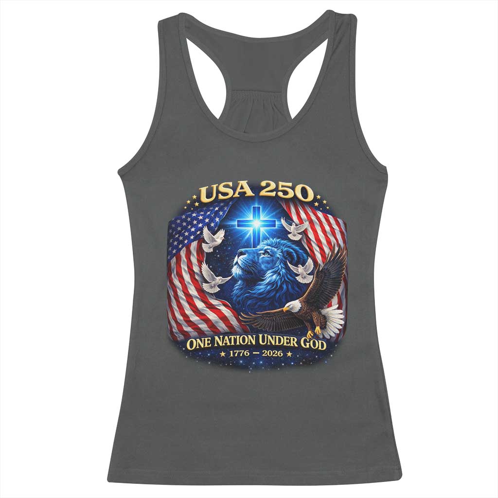 US 250th Anniversary Racerback Tank Top 250 Years One Nation Under God Christian Patriotic Cross USA Flag TS10 Dark Heather Print Your Wear