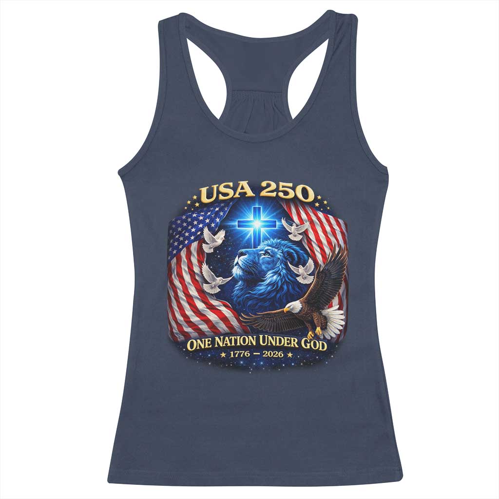 US 250th Anniversary Racerback Tank Top 250 Years One Nation Under God Christian Patriotic Cross USA Flag TS10 Navy Print Your Wear