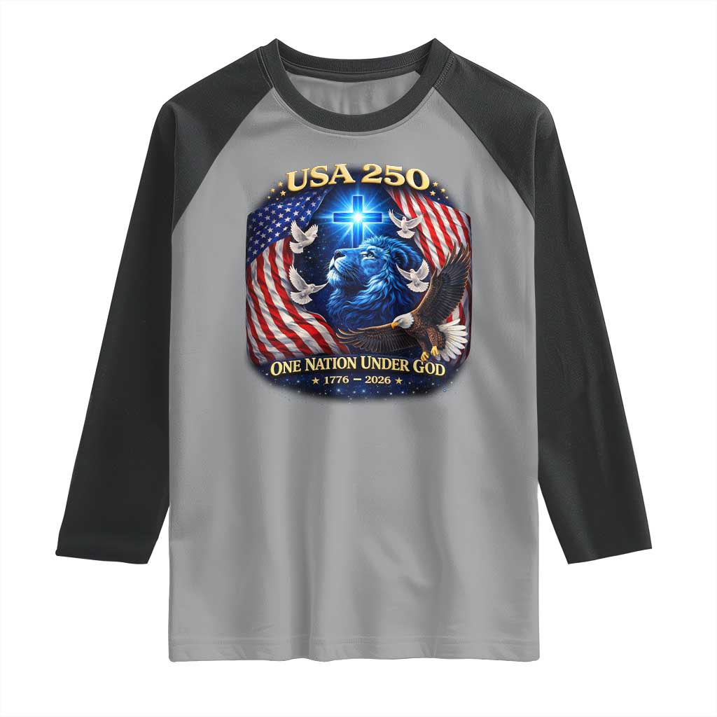 US 250th Anniversary Raglan Shirt 250 Years One Nation Under God Christian Patriotic Cross USA Flag TS10 Sport Gray Black Print Your Wear