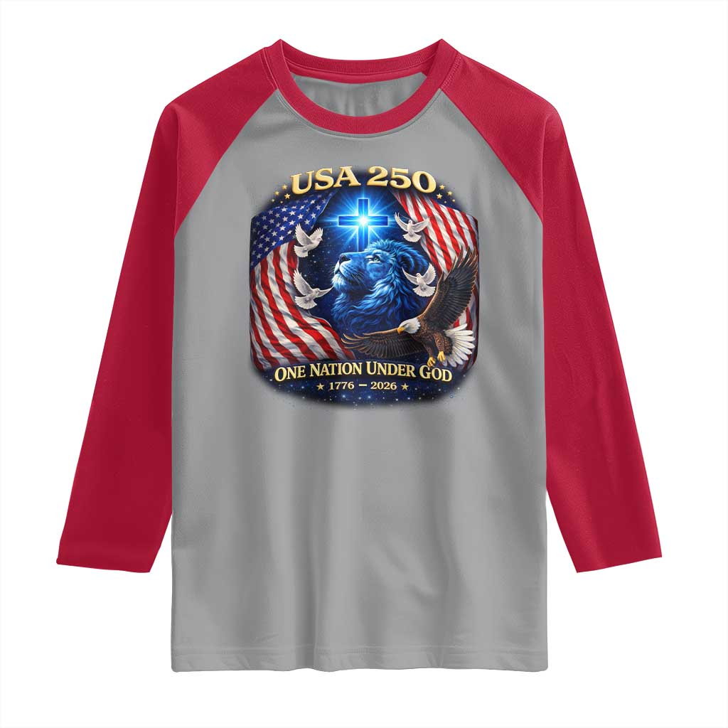 US 250th Anniversary Raglan Shirt 250 Years One Nation Under God Christian Patriotic Cross USA Flag TS10 Sport Gray Red Print Your Wear