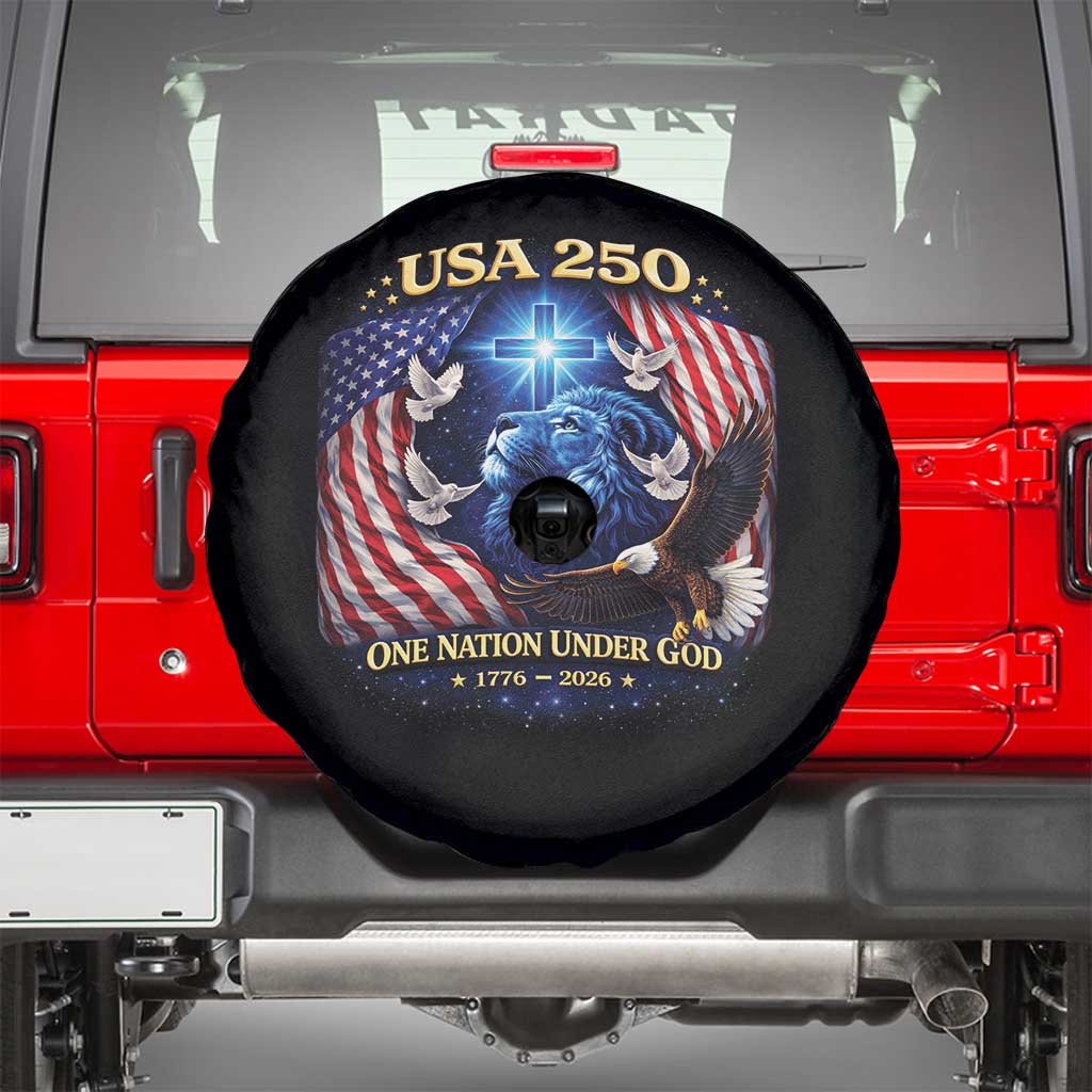 US 250th Anniversary Spare Tire Cover 250 Years One Nation Under God Christian Patriotic Cross USA Flag TS10 Black Print Your Wear