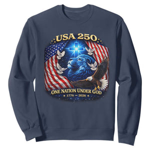 US 250th Anniversary Sweatshirt 250 Years One Nation Under God Christian Patriotic Cross USA Flag TS10 Navy Print Your Wear