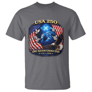 US 250th Anniversary T Shirt 250 Years One Nation Under God Christian Patriotic Cross USA Flag TS10 Charcoal Print Your Wear