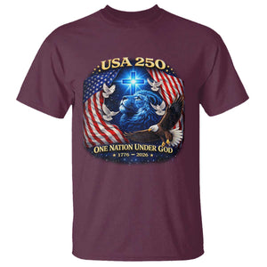 US 250th Anniversary T Shirt 250 Years One Nation Under God Christian Patriotic Cross USA Flag TS10 Maroon Print Your Wear