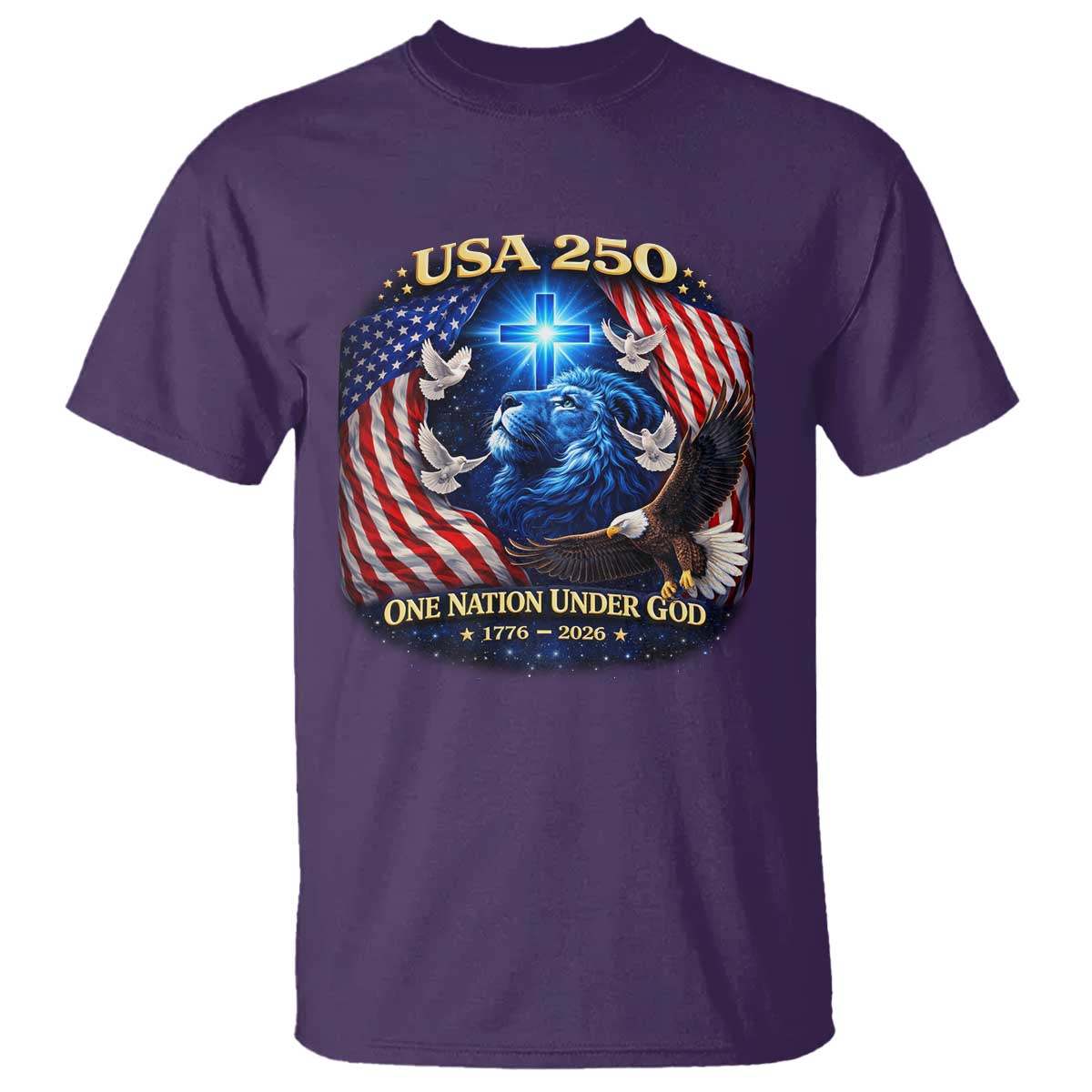 US 250th Anniversary T Shirt 250 Years One Nation Under God Christian Patriotic Cross USA Flag TS10 Purple Print Your Wear