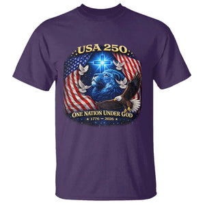 US 250th Anniversary T Shirt 250 Years One Nation Under God Christian Patriotic Cross USA Flag TS10 Purple Print Your Wear