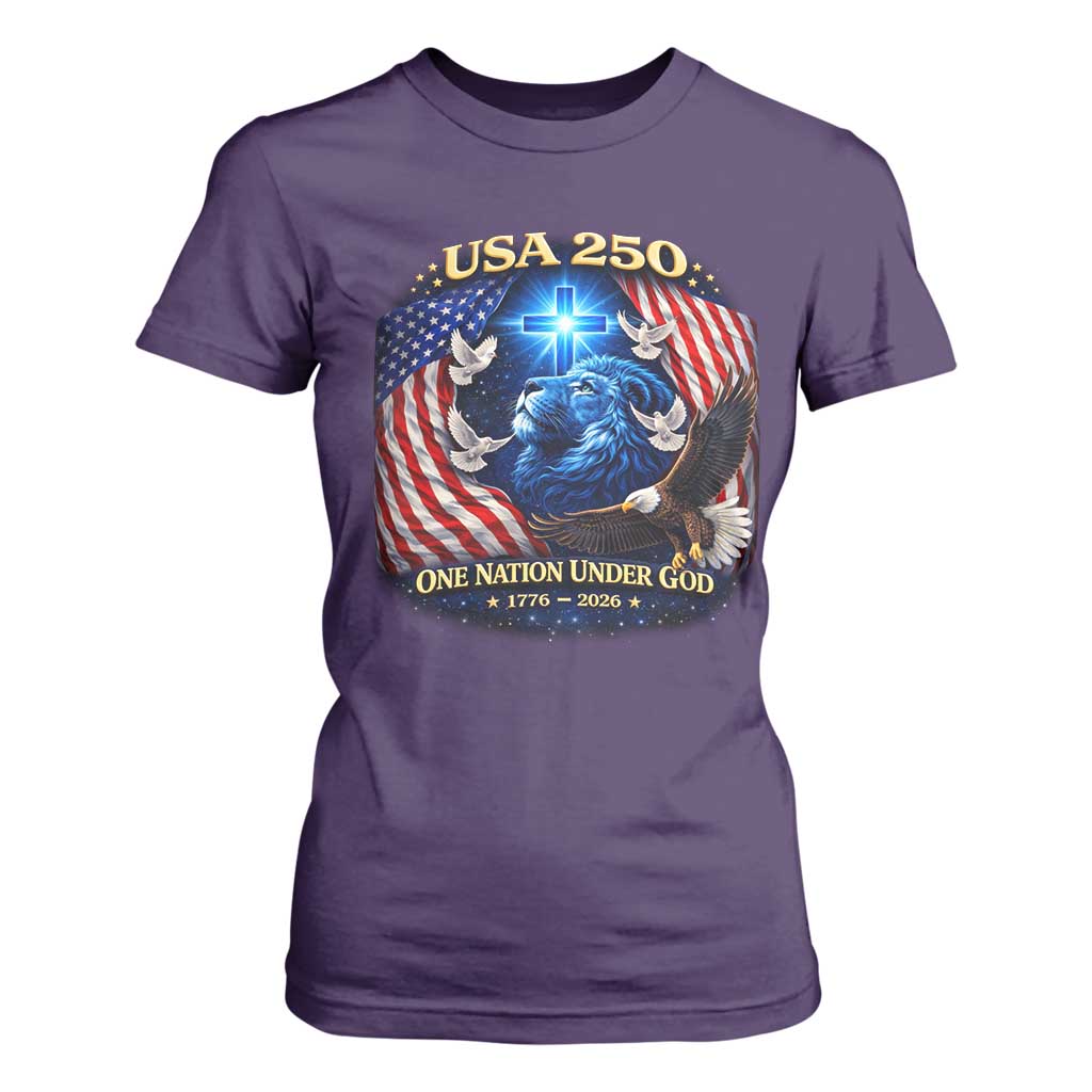 US 250th Anniversary T Shirt For Women 250 Years One Nation Under God Christian Patriotic Cross USA Flag TS10 Purple Print Your Wear