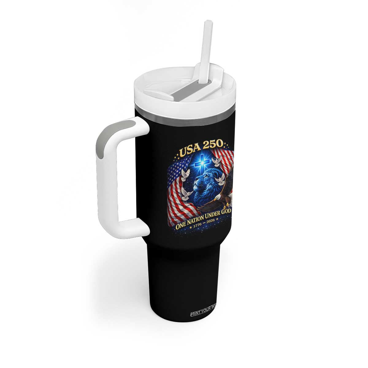 US 250th Anniversary Tumbler With Handle 250 Years One Nation Under God Christian Patriotic Cross USA Flag TS10 Print Your Wear