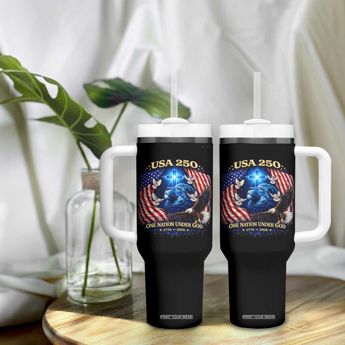 US 250th Anniversary Tumbler With Handle 250 Years One Nation Under God Christian Patriotic Cross USA Flag TS10 Print Your Wear
